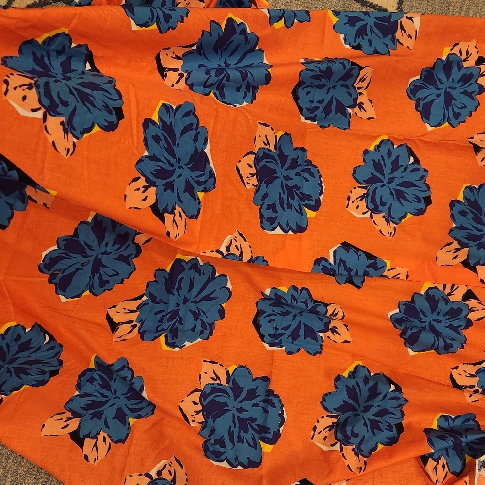 Vibrant Orange and Blue Floral cotton Fabric almost 4 yards 44" wide